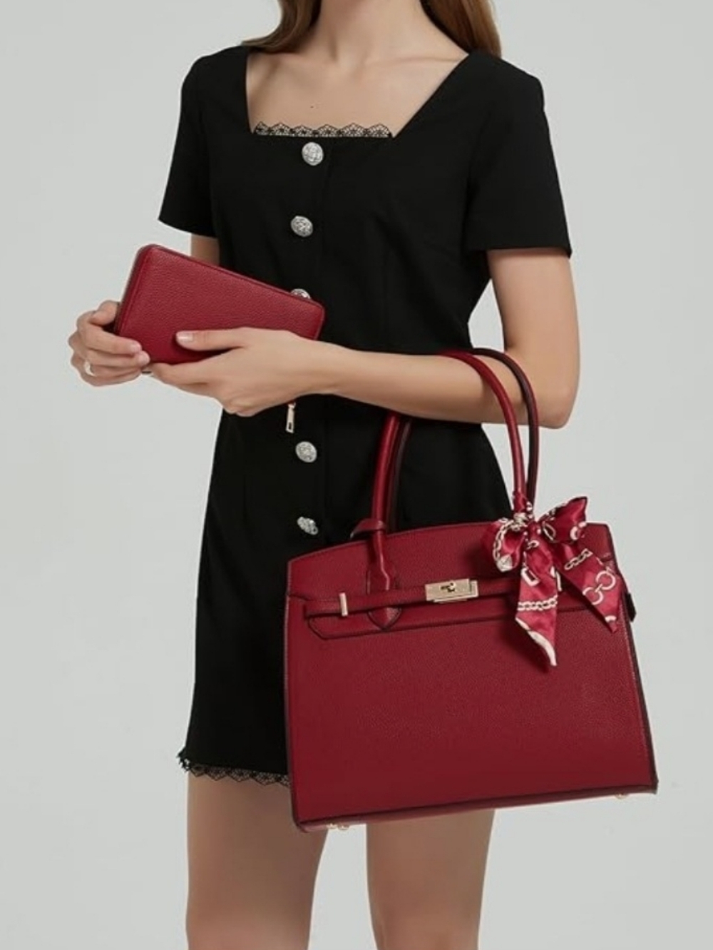2pcs Structured Red Vegan Leather Satchel Bag And Matching Wallet